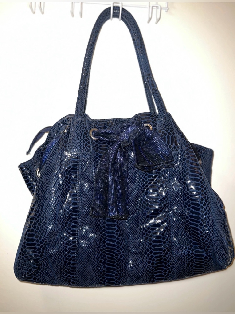 Navy Snake-Embossed Tote Bag with Bow Accent